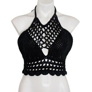 Y2k Black Open Knit Crochet Halter Neck Tie Corset Back Crop Top Free Size